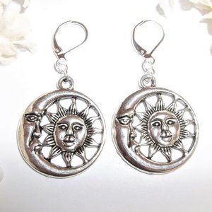 Earrings Silver Moon and Star Circle Celestial Jewelry Set Pair Dangle Drop 7122
